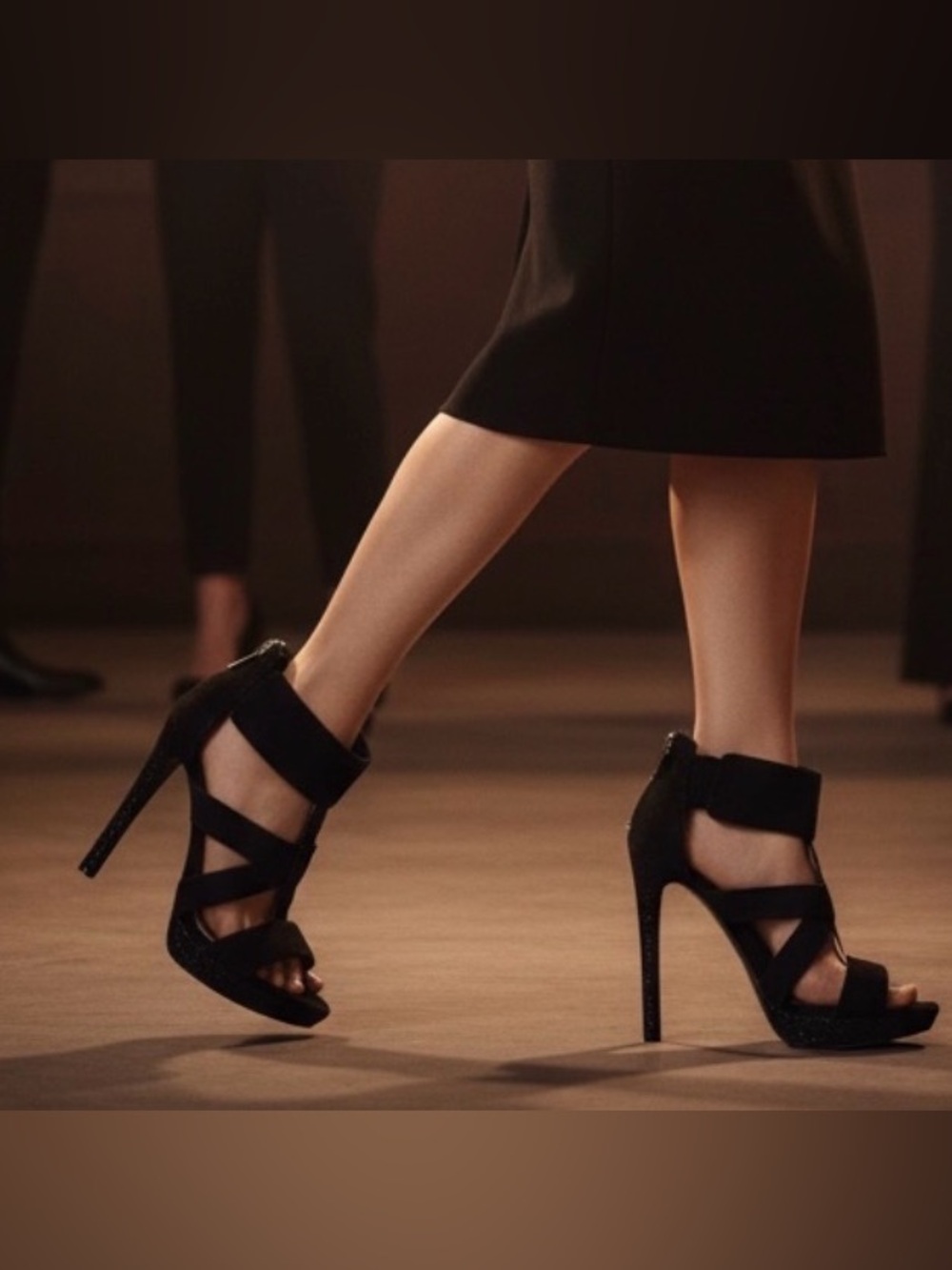 BCBG Generation Black Textured 4.5” Open Toed Stillettoes